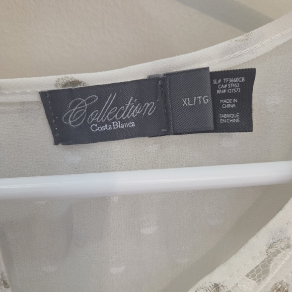⭐️Costa Blanca Collection White With Gold And Lace Sheer Top Size XL - Picture 3 of 3